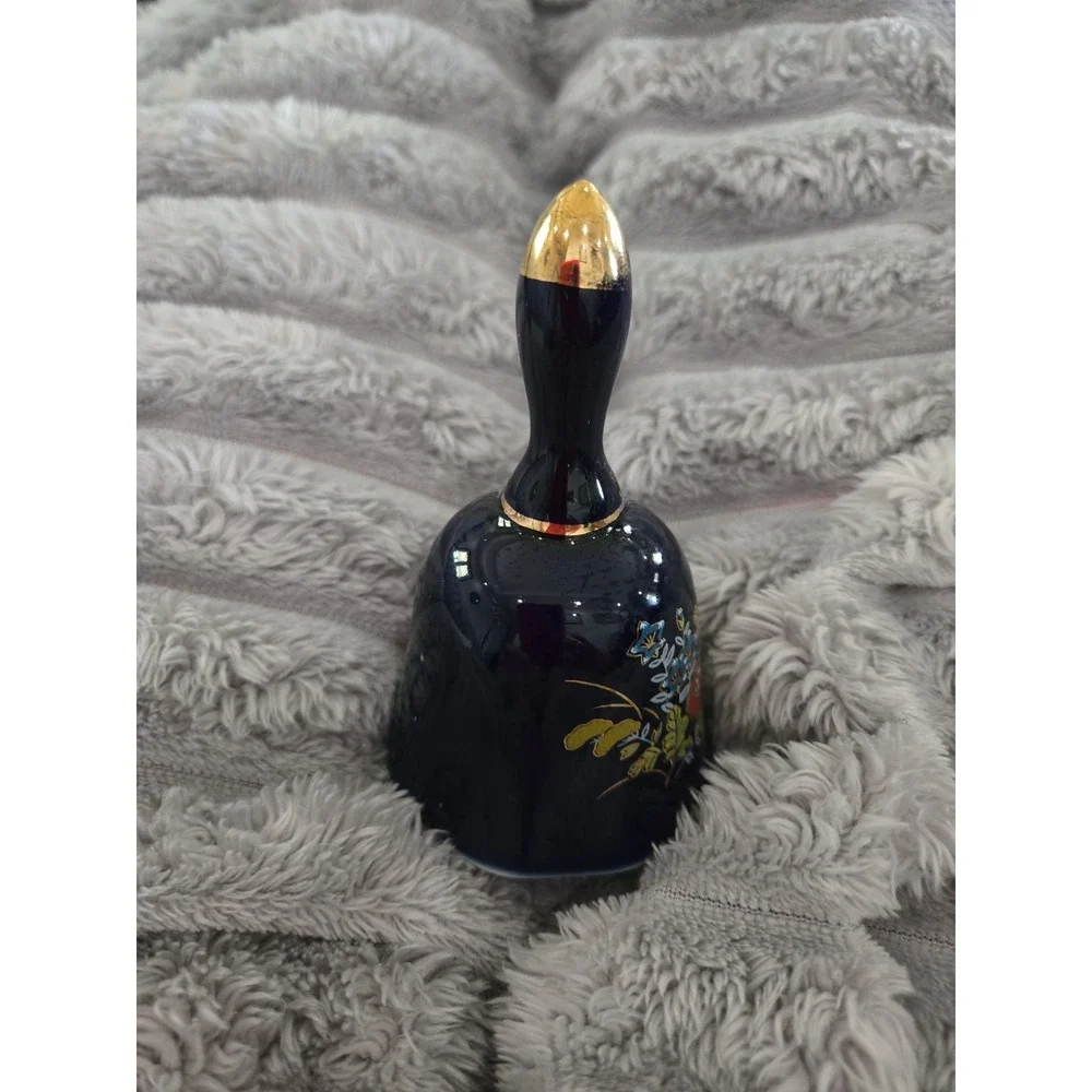 Cobalt Blue Ceramic Bell with Flowers‎ - Gold Accents 3.75